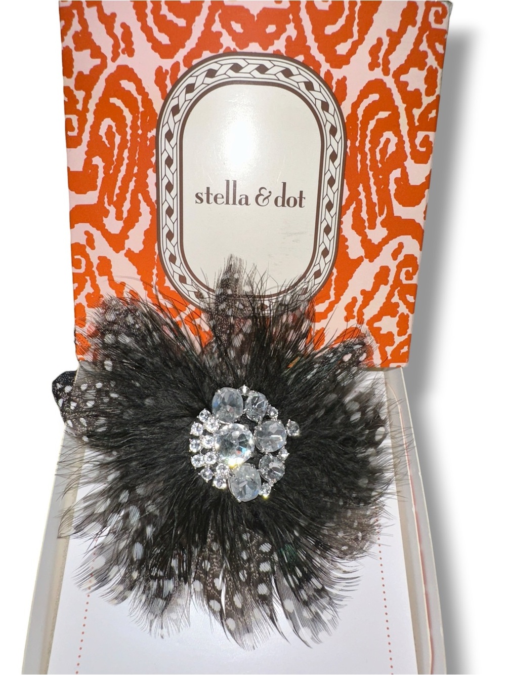 Stella & Dot Black Feather Brooch Pendant with Crystal Cluster w/Box Retired